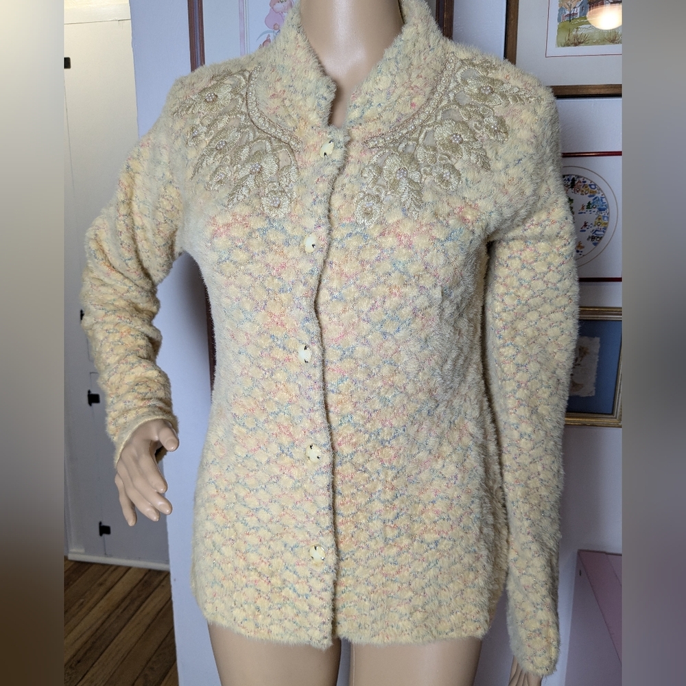 Unique Fuzzy Yellow & Metallic Button Up Sweater with Embroidered & Pearl Detail